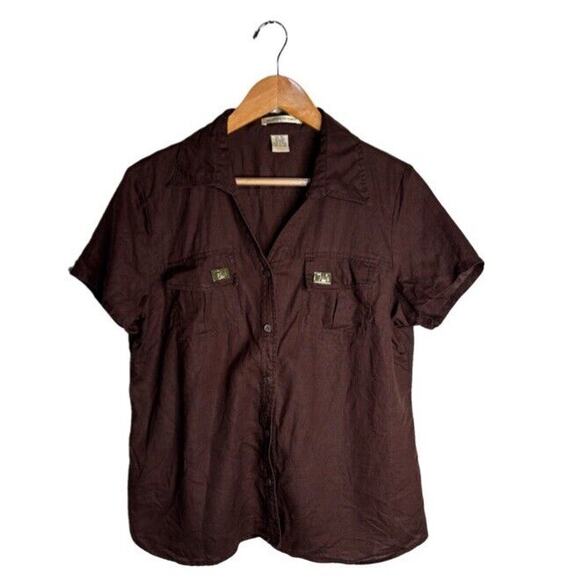 Brown Short Sleeve Button Down Shirt with Notched Collar - Picture 1 of 7